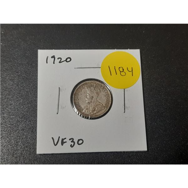 1920 Canadian Silver 10 Cents. VF30.