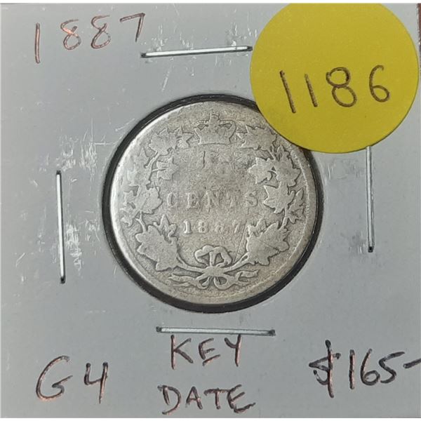 1887 Canadian Victorian Silver 25 Cents. G4. Key Date.