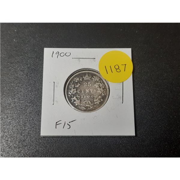 1900 Canadian Victorian Silver 25 Cents. F15.