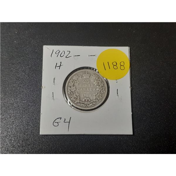 1902H Canadian Silver 25 Cents. Heaton Mint. G4.