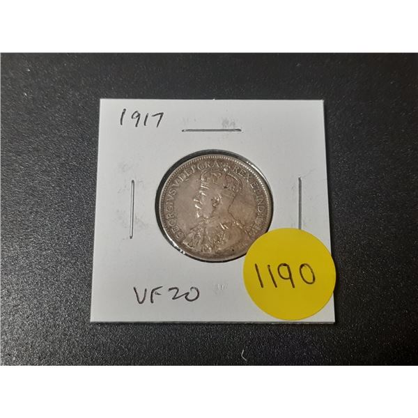 1917 Canadian Silver 25 Cents. Minted during World War I. VF20.