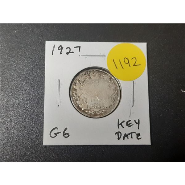 1927 Canadian Silver 25 Cents. Mintage of 468,096. G6. Key Date.