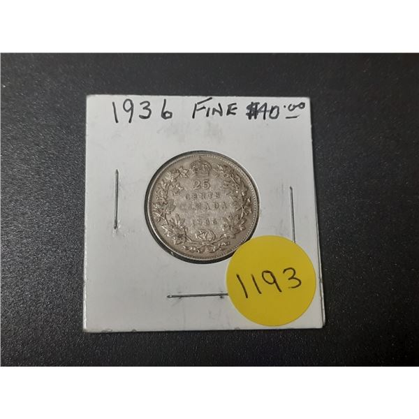 1936 Canadian Silver 25 Cents. Last issue of King George V. Fine.
