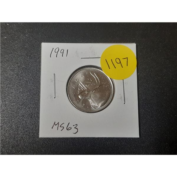 1991 Canadian 25 Cents. Key Date. Mintage of 459,000. MS63.