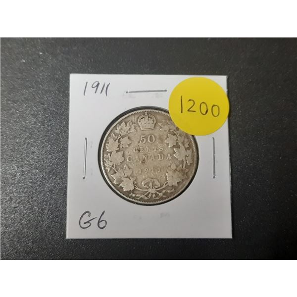 1911 Canadian Silver 50 Cents. First issue for King George V. Mintage of 209,972. G6.