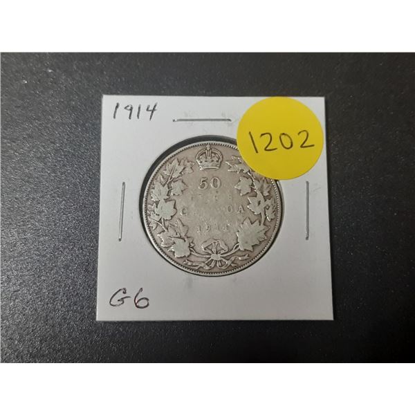 1914 Canadian Silver 50 Cents. Issued during the first year of World War I. Mintage of 160,128. G6.