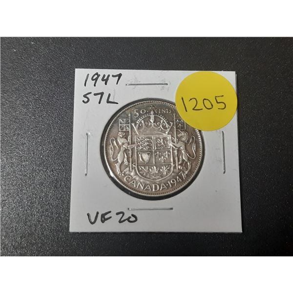 1947 Straight 7 Left Canadian Silver 50 Cents. VF20.