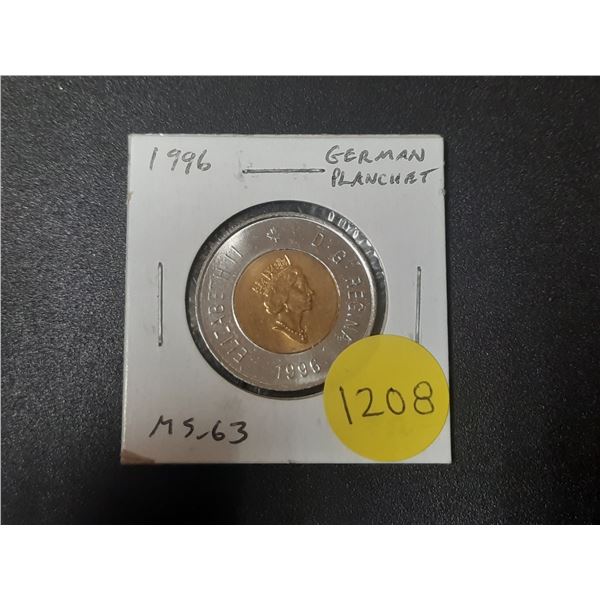 1996 German Planchet $2 Toonie. This German Planchet has many vertical lines that run through the ou
