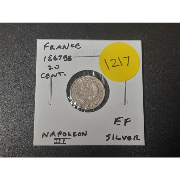 France. 1867BB 20 Centimes. Emperor Napoleon III. Silver. EF.