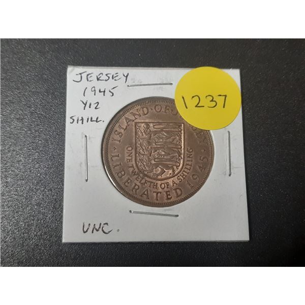 Jersey. 1945 1/12 Shilling. Issued during the last year of World War II. Uncirculated.