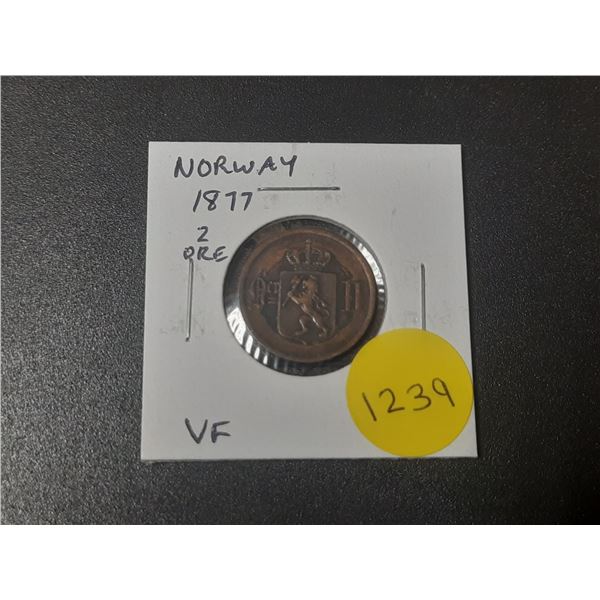 Norway. 1877 2 Ore. VF.