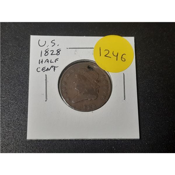 U.S. 1828 Half Cent. Fine. Holed.