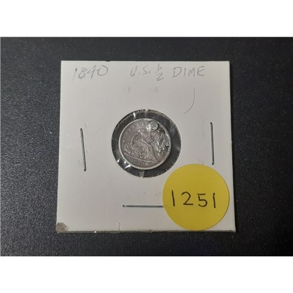 U.S. 1840 Silver Half Dime. Fine. Holed and then Filled.