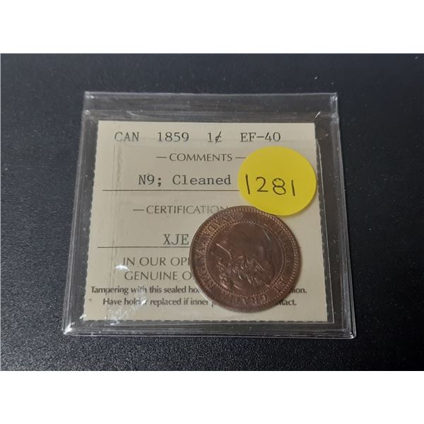 1859 Narrow 9 Canadian Victorian Large Cent. ICCS certified and graded EF-40. Cleaned.
