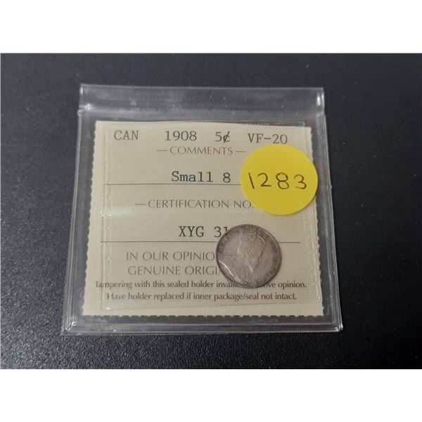 Canadian 1908 Silver 5 Cents. Small 8. ICCS certified and graded VF-20. The first Silver 5 Cents min