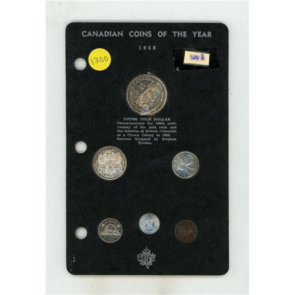 1858 – 1958 Coins of the Year Set. 6-coin set, all from Uncirculated rolls. Housed in a COT