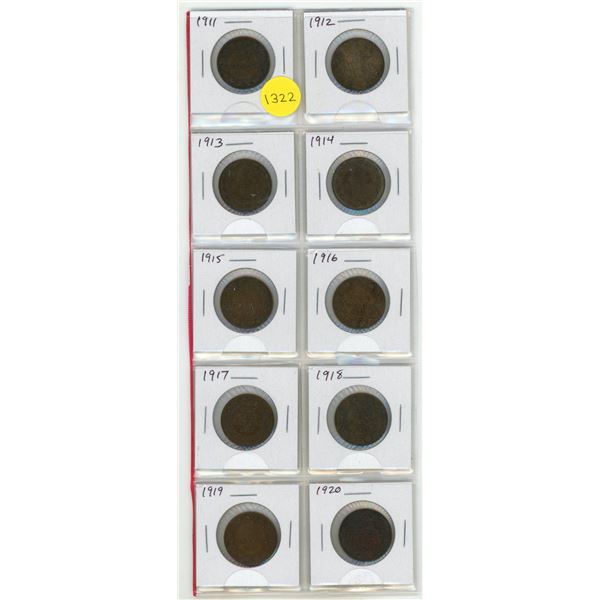 Complete set of 10 Canadian Large Cents depicting King George V (1911 – 1920). Coins grade 