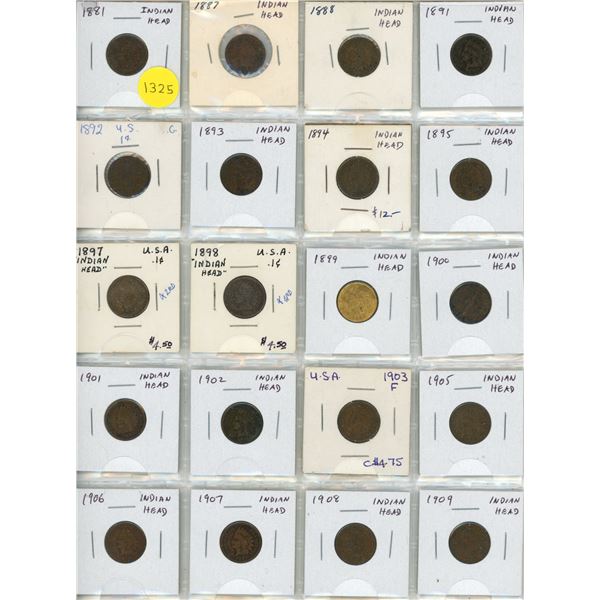 Set of 20 U.S. Indian Head Cents from 1881 to 1909.