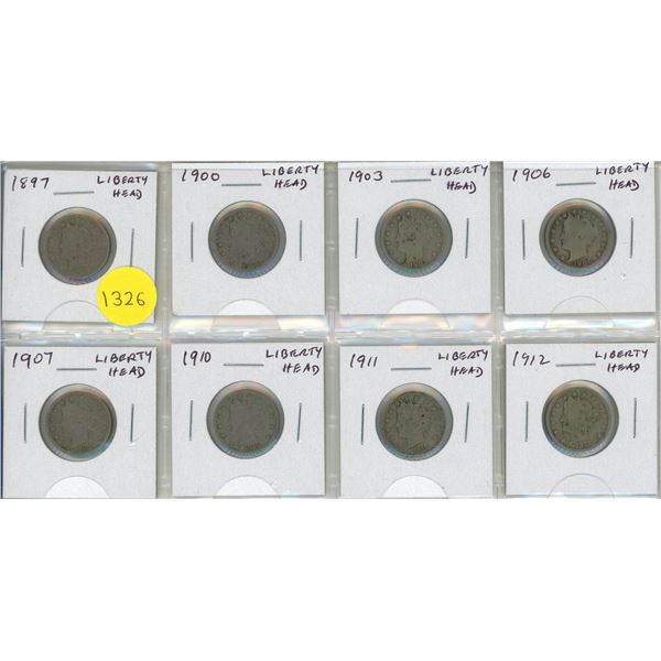 Set of 8 U.S. Liberty Head Nickel 5 Cents from 1897 – 1912.