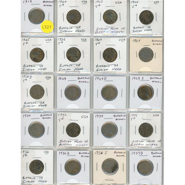 Set of 20 U.S. Buffalo Nickel 5 Cents from 1919 – 1937D.