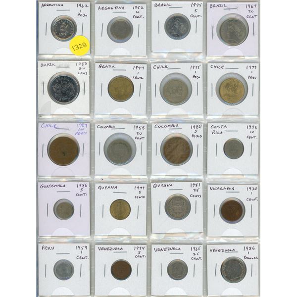 Set of 20 Latin American coins from Argentina to Venezuela.