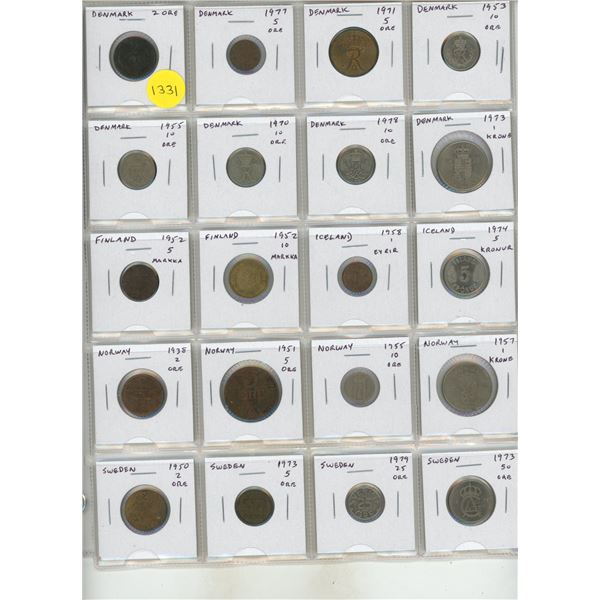Set of 20 Scandinavian coins from Denmark, Finland, Iceland, Norway and Sweden.