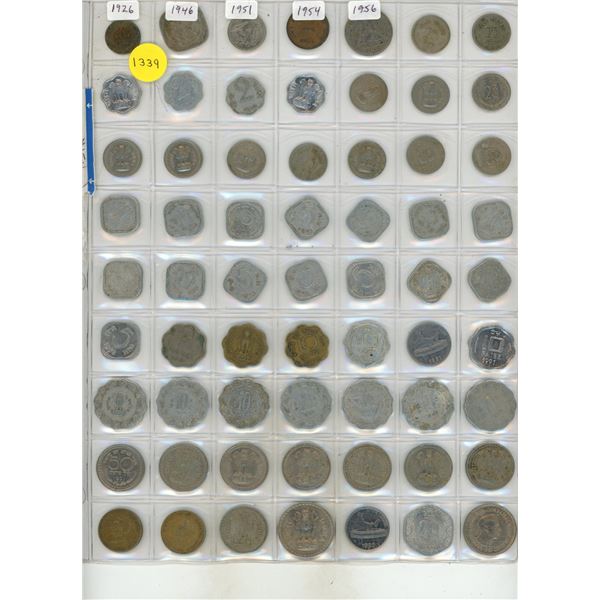 Set of 63 different Indian coins up to 1 Rupee.