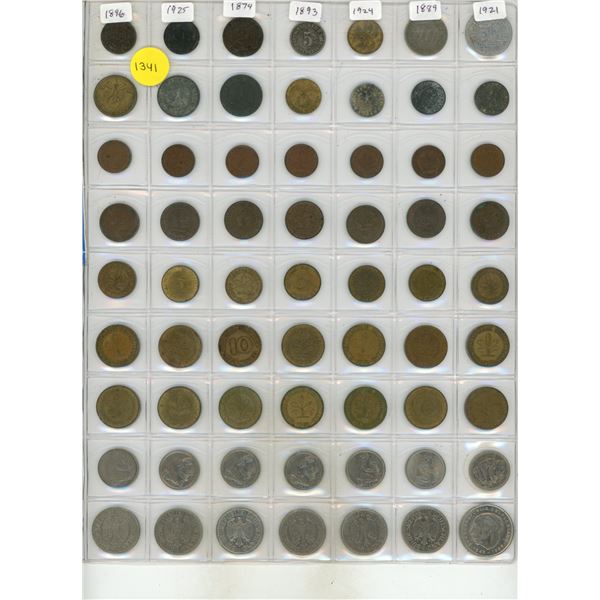Set of 63 German coins including Empire, Weimar Republic, Nazi coins with Swastika and modern Republ