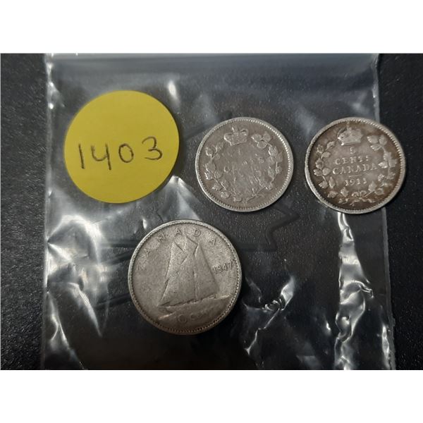 1901, 1911 Canada Silver 5 Cents and 1947 Canada 10 Cents.