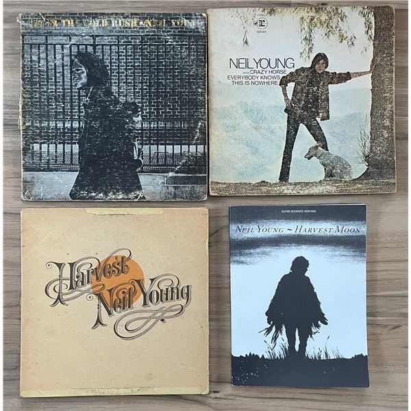Neil Young lot of 3 vinyl records with sheet music for Harvest Moon album.