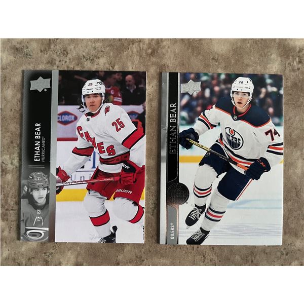 Ethan Bear Upper Deck hockey cards. Oilers. Canes.