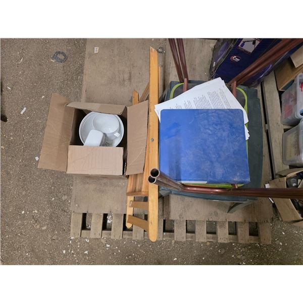 Pallet of misc items- stools, binder, table
