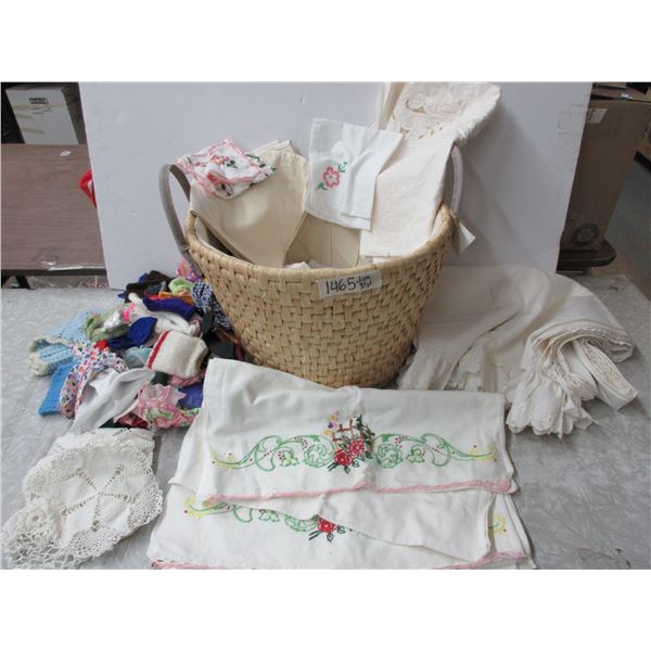 Misc. Items (Doll Cloths, Pillow Case, Doilies and BASKET With handle)