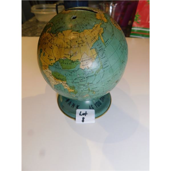 VINTAGE 4” DIAMETER GLOBE TIN COIN BANK