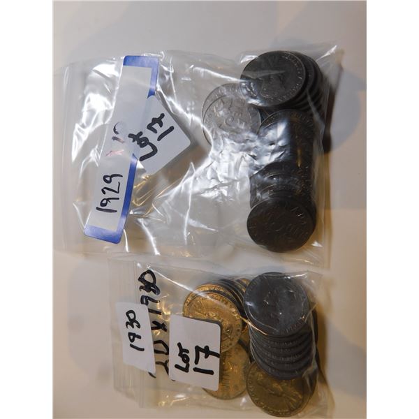 20 OF EACH 1929 AND 1930 GEORGE V FIVE CENT PIECES