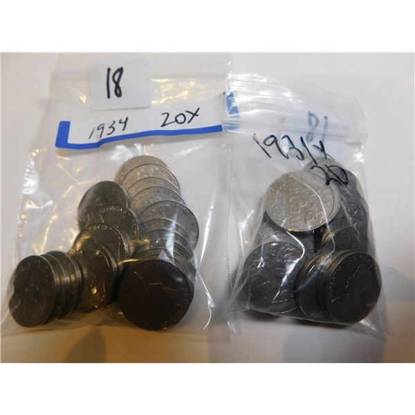 20 OF EACH 1931 AND 1934 GEORGE V FIVE CENT PIECES