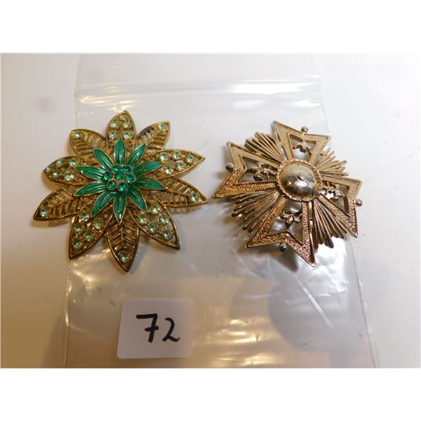 TWO GOLD TONE BROACHES, FLOWER, AND MALTESE CROSS