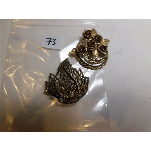 TWO VINTAGE GOLD TONE BROACHES, LEAF AND FLOWER
