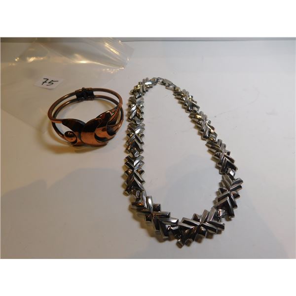 SILVERTONE NECKLACE AND UNIQUE COPPER HINGE BRACELET