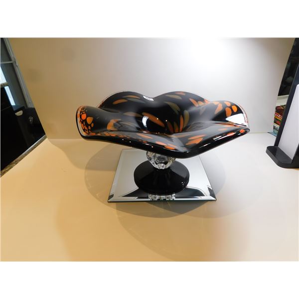 MURANO ART GLASS BLACK WITH ORANGE INCLUSIONS PEDESTAL FRUIT BOWL