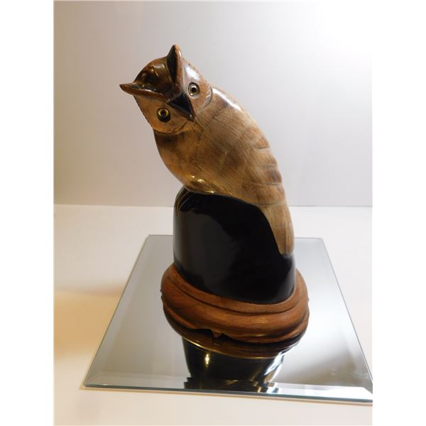 OWL SHAPED CARVED HORN ON WOOD BASE 8 1/2” TALL