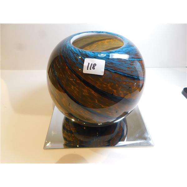 VINTAGE ROUND BLUE AND BROWN SWIRL VASE 7”, ART GLASS