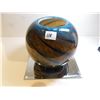 Image 1 : VINTAGE ROUND BLUE AND BROWN SWIRL VASE 7”, ART GLASS