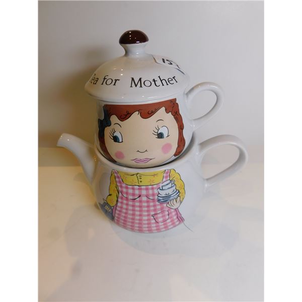 TEA FOR MOTHER CUP AND TEAPOT STACKED, MADE IN KOREA