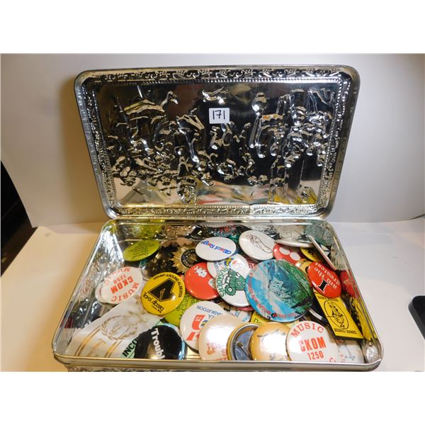 PINBACKS IN BISCUIT TIN