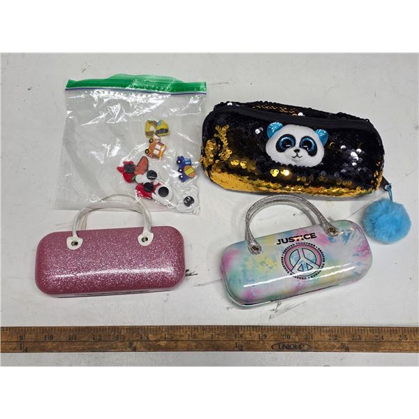 pencil case, 2 eye glass cases and crock charms
