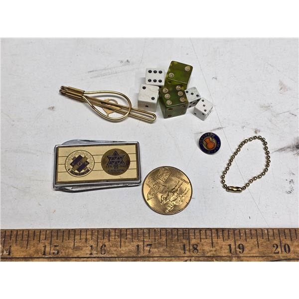 Tie clip, dice, token, pin