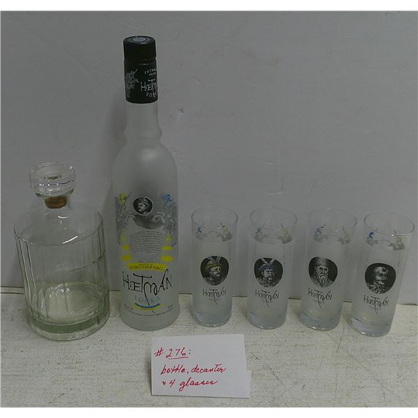 276: Liquor Decanter and Hitman Ukraine vodka decorative bottle with 4 matching glasses.