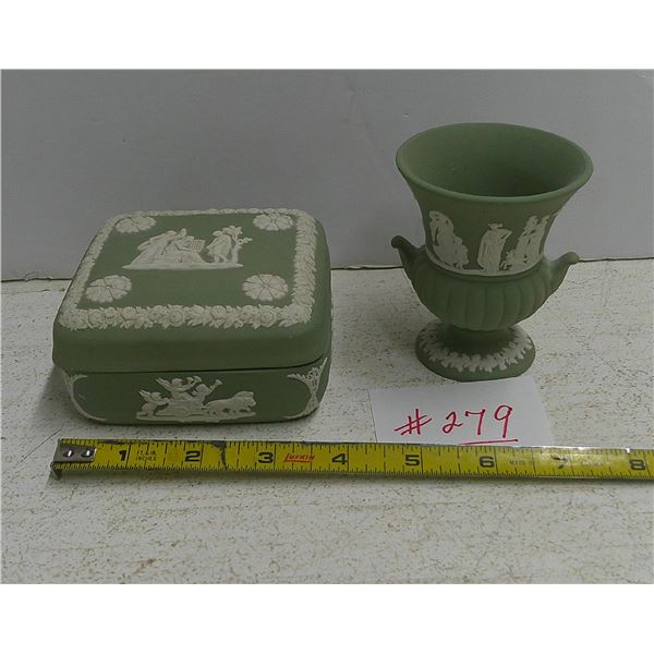 279: Wedgewood-small, covered container and vase. Small chip on one item as shown in picture