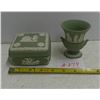 Image 1 : 279: Wedgewood-small, covered container and vase. Small chip on one item as shown in picture